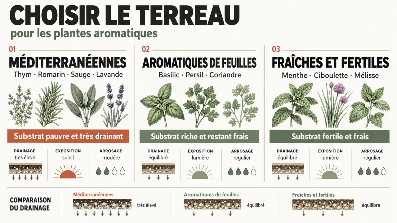 Infographie sur le terreau pour plantes aromatiques selon le drainage, l'exposition et l'arrosage