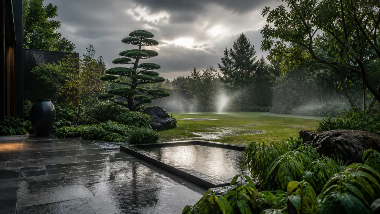 Jardin paysager luxueux à l'heure dorée, feuillages baignés de lumière et allée en pierre naturelle