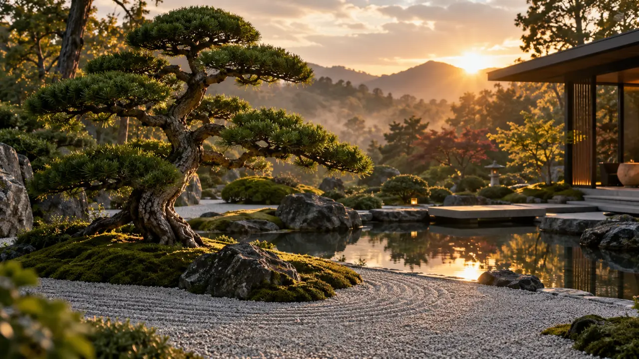 Taille précise d'un pin formé selon les principes du Niwaki dans un jardin élégant