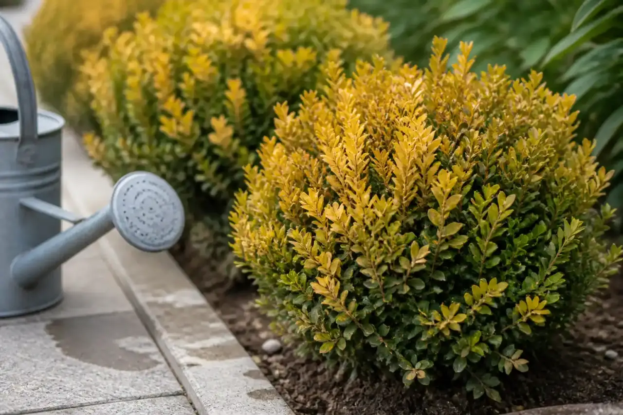 Buis taillés dans un jardin élégant avec feuillage jaunissant par endroits