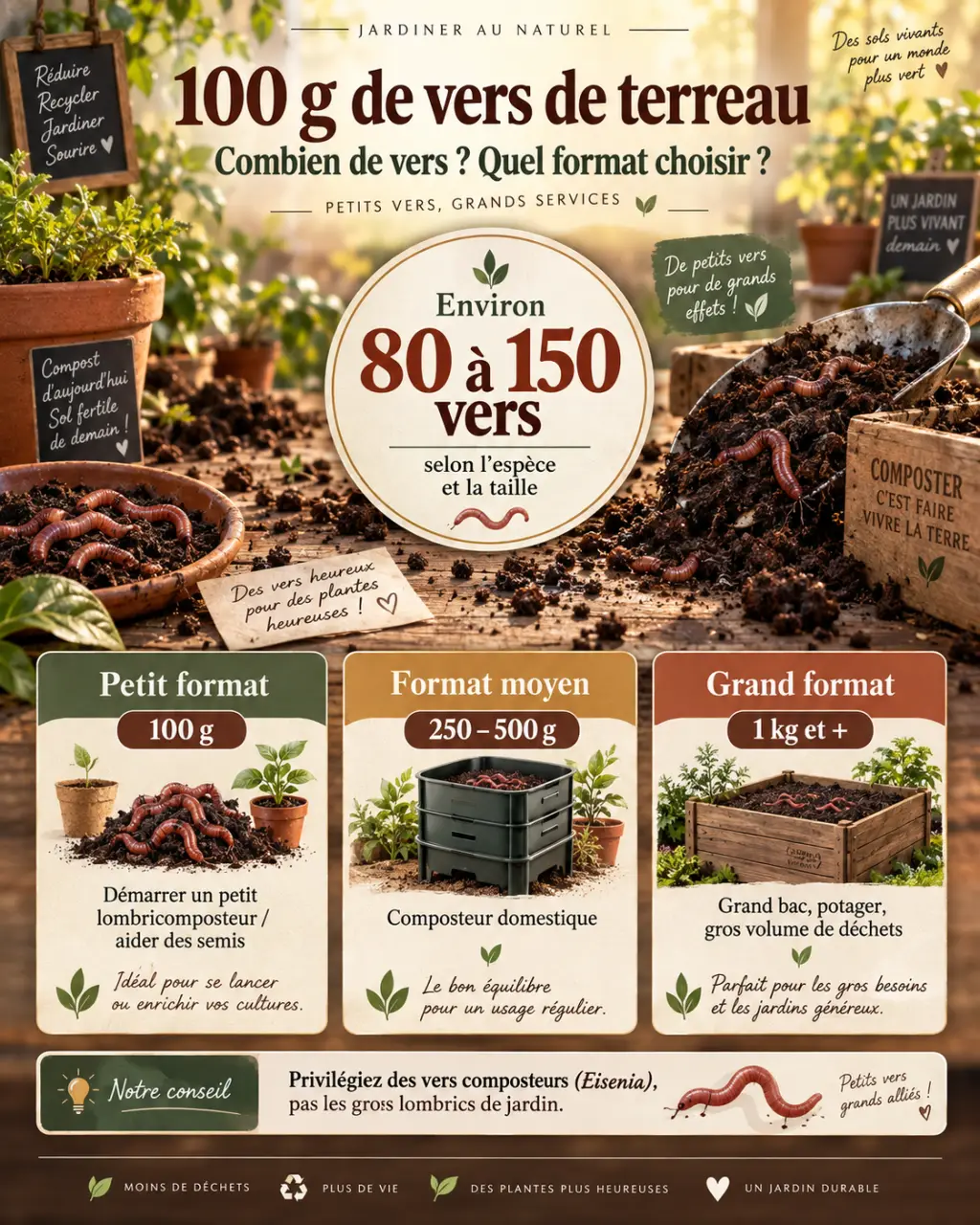 100 g de vers de terreau : combien de vers et quel format choisir selon l’usage ?