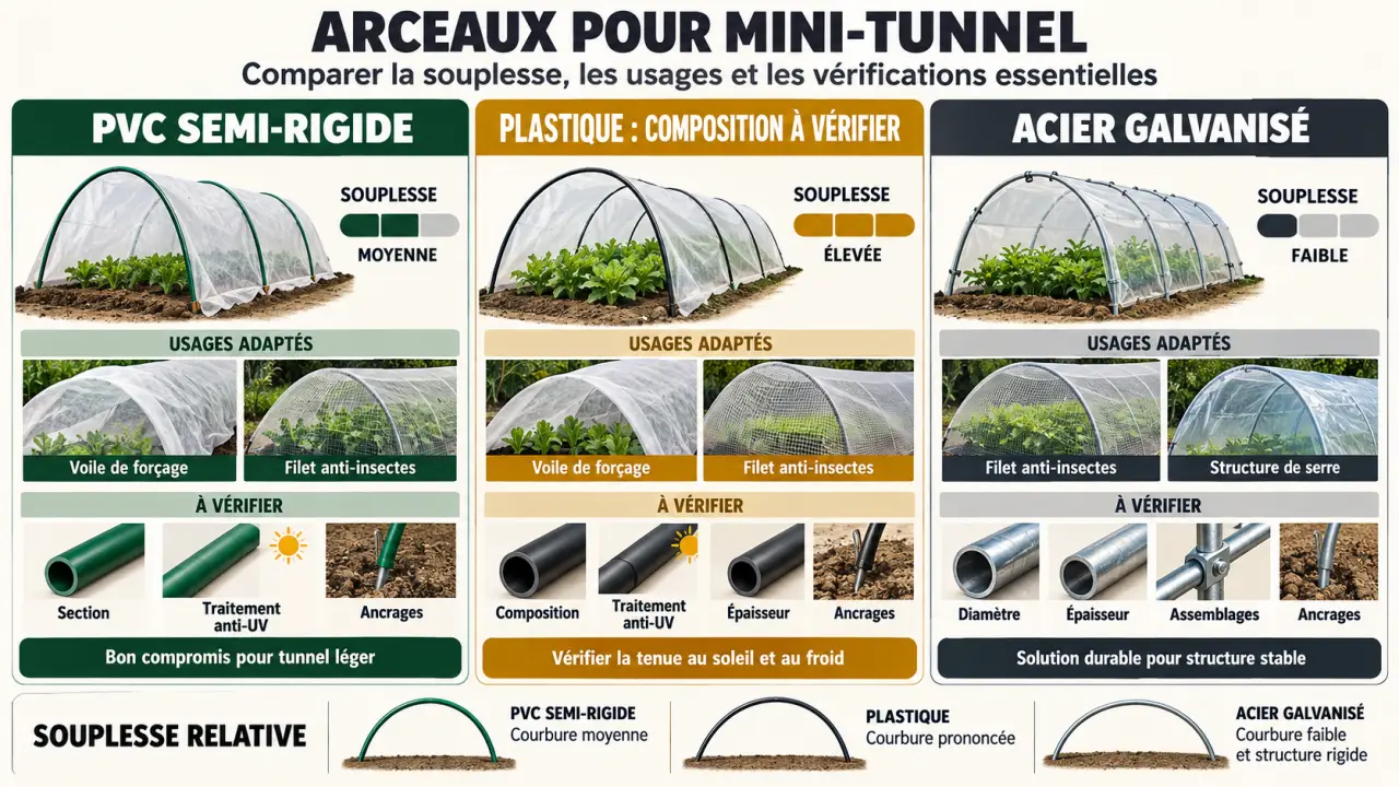 Infographie comparative des arceaux de jardinage en PVC, plastique et acier galvanisé