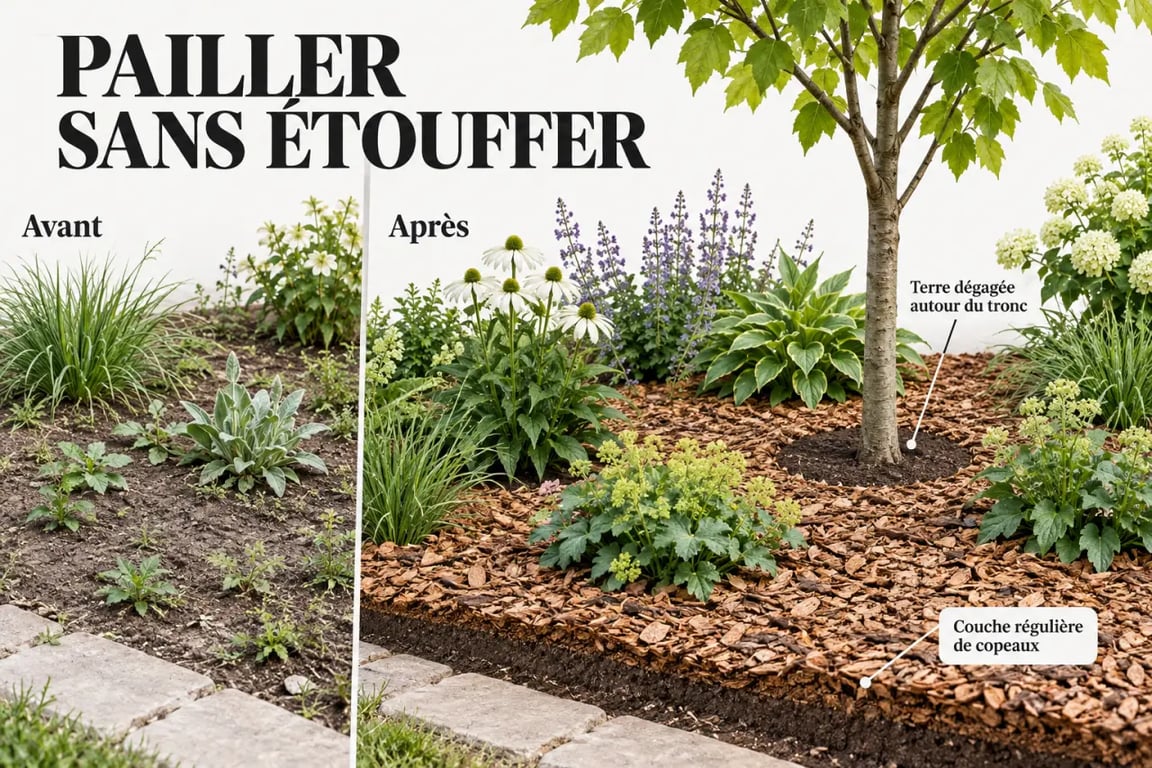Jardin copeaux de bois correctement posés autour d’un arbre et dans un massif