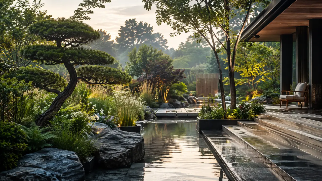 Jardin biophilique luxueux à l'heure dorée, allée en pierre naturelle, feuillages dorés et lumière douce
