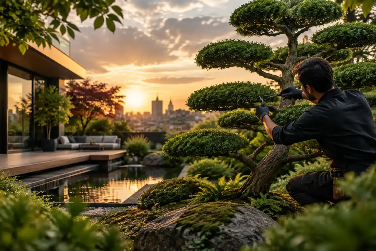 Arbre taillé en Niwaki dans un jardin de ville élégant