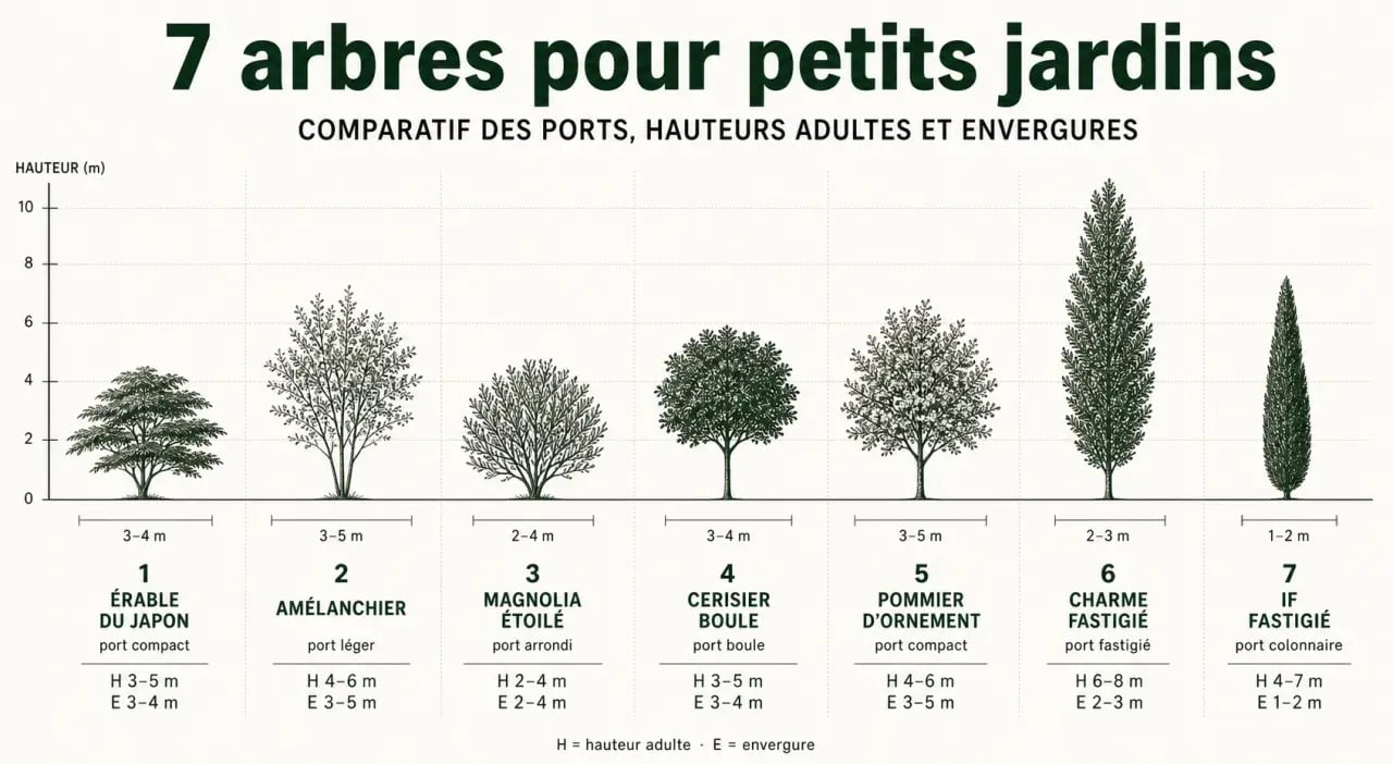 Arbres petits jardins : comparatif visuel des silhouettes et dimensions de 7 espèces adaptées