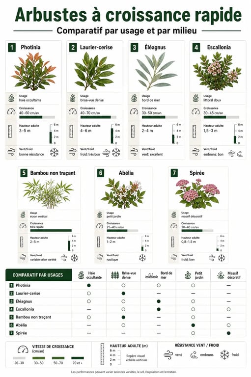 Infographie comparative d’arbuste croissance rapide pour haie, brise-vue et littoral