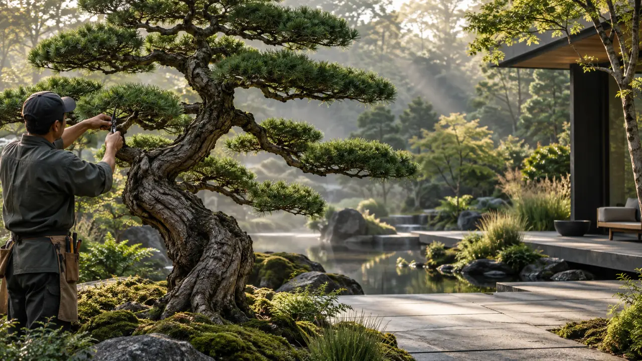 Magnifique pin taillé en Niwaki dans un jardin japonais épuré
