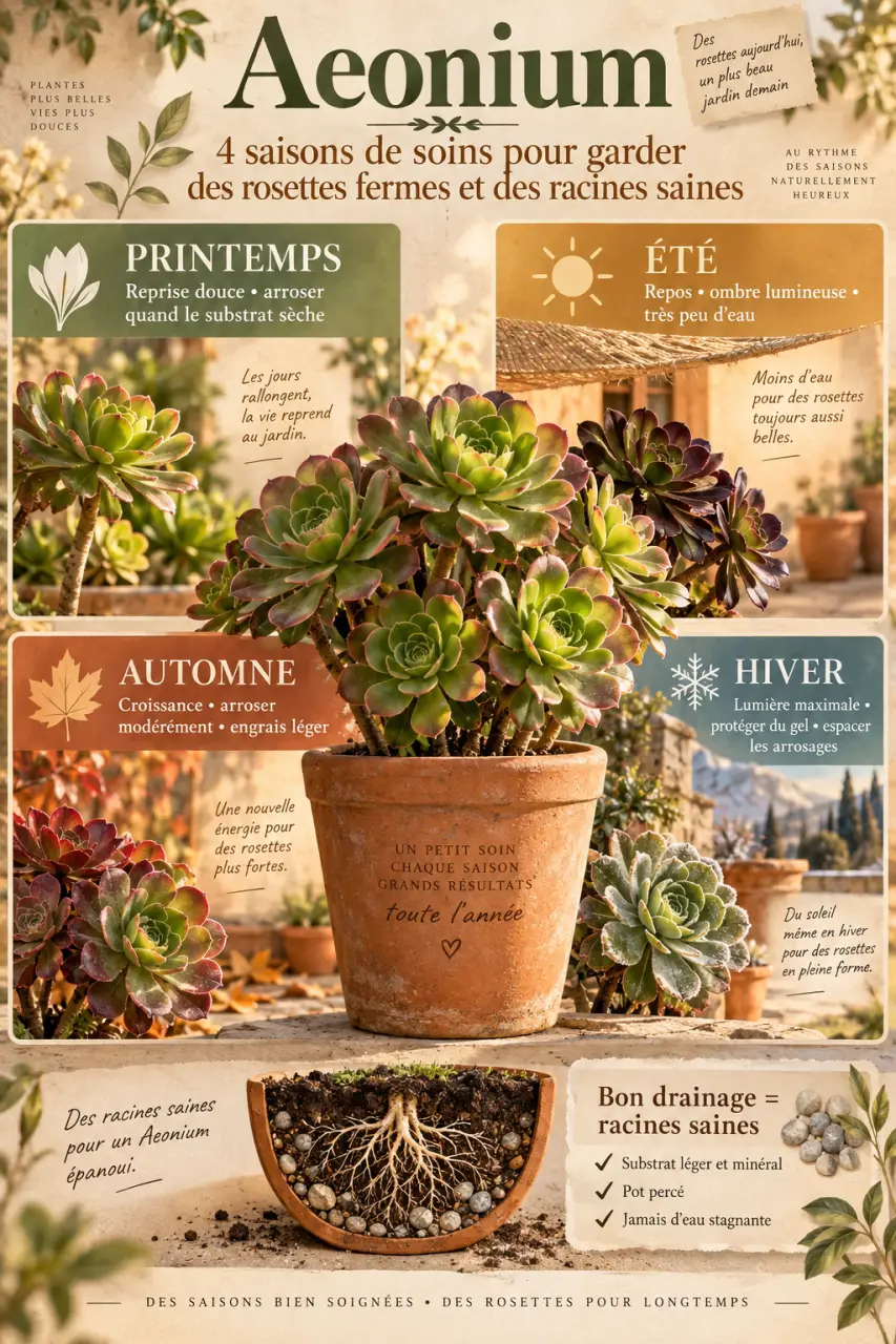 Aeonium : 4 saisons de soins pour garder des rosettes fermes et des racines saines