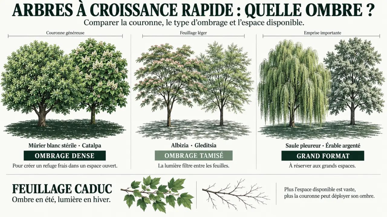Infographie sur les arbres croissance rapide ombre dense ou tamisée au jardin