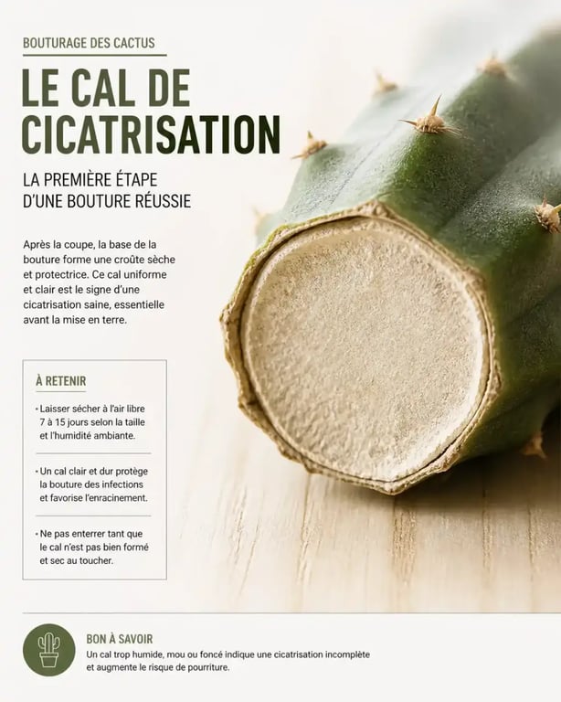 Cal de cicatrisation sain sur une bouture de cactus prête à planter