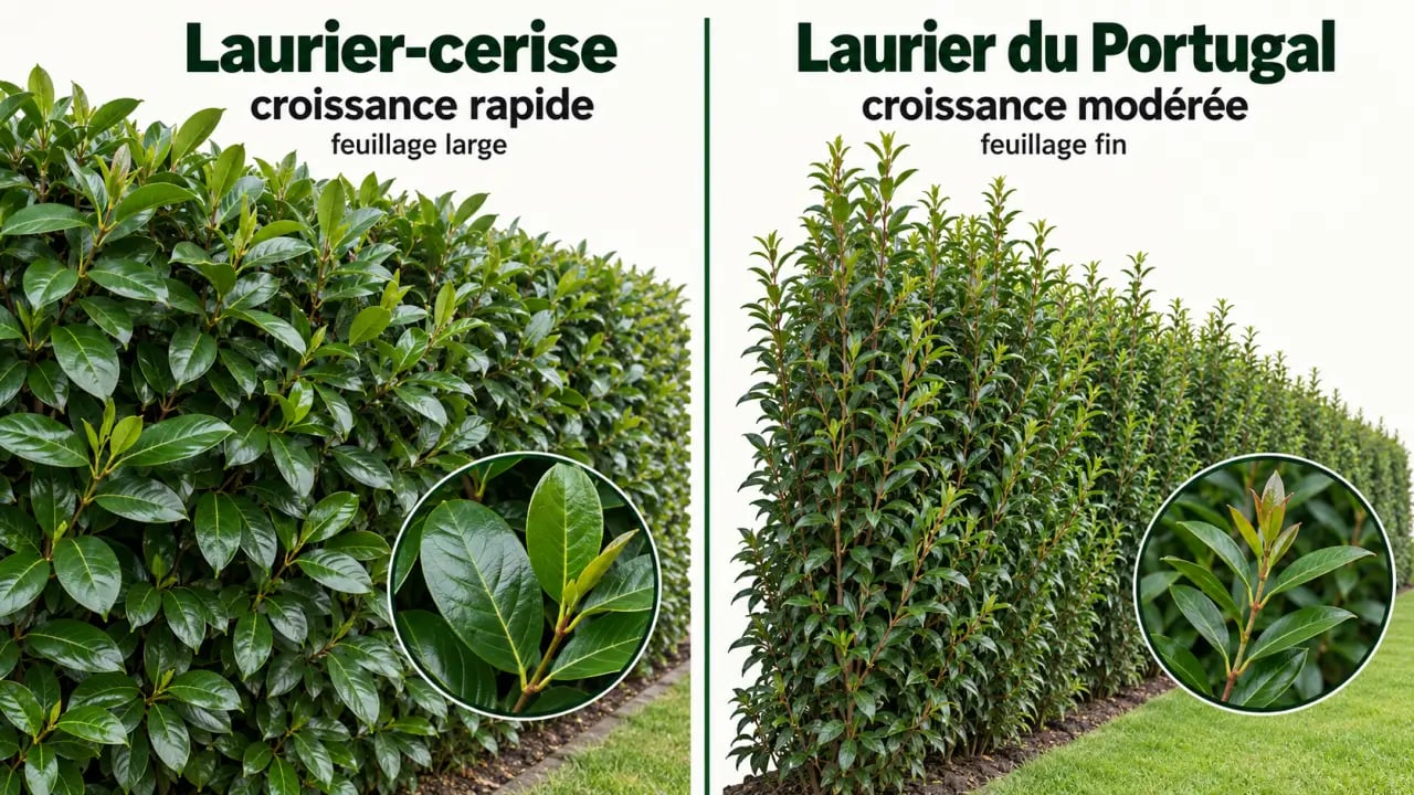 Laurier en haie : comparaison entre laurier-cerise et laurier du Portugal